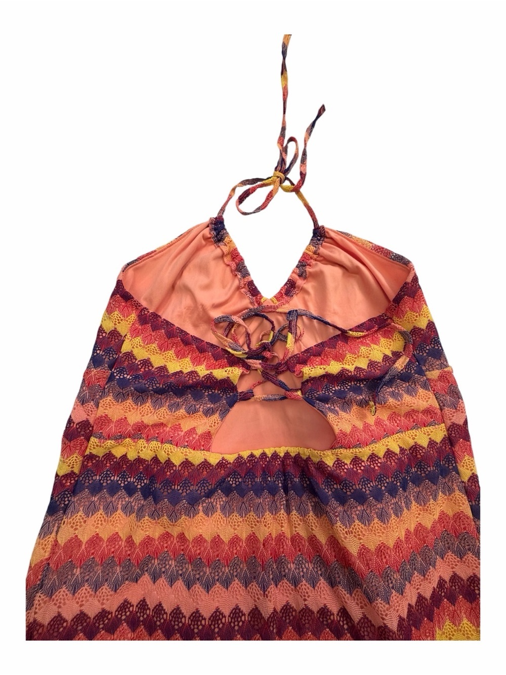 Wild Fable Peach Crochet Style Halter Dress with Multicolor Trim - Size Medium - Picture 4 of 12